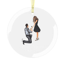 First Engaged Christmas  (Brunette Couple) Glass Ornament