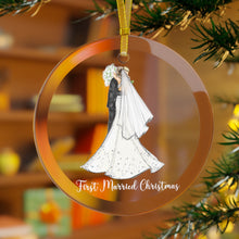 First Married Christmas Glass Ornament (Blonde Groom / Brunette Bride)