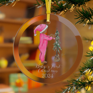 Baby's First Christmas (Pink) (Dark Skin) Glass Ornament