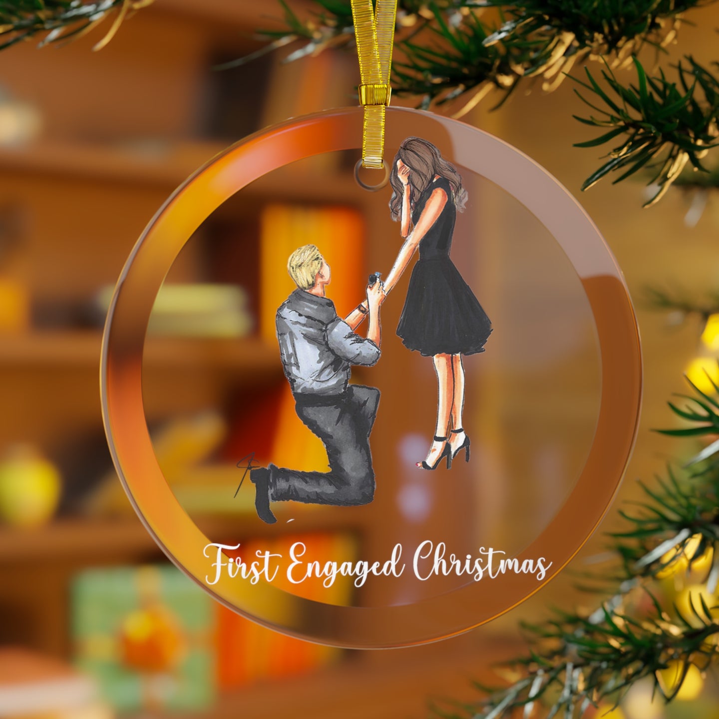 First Engaged Christmas Glass Ornament (Blonde and Brunette)