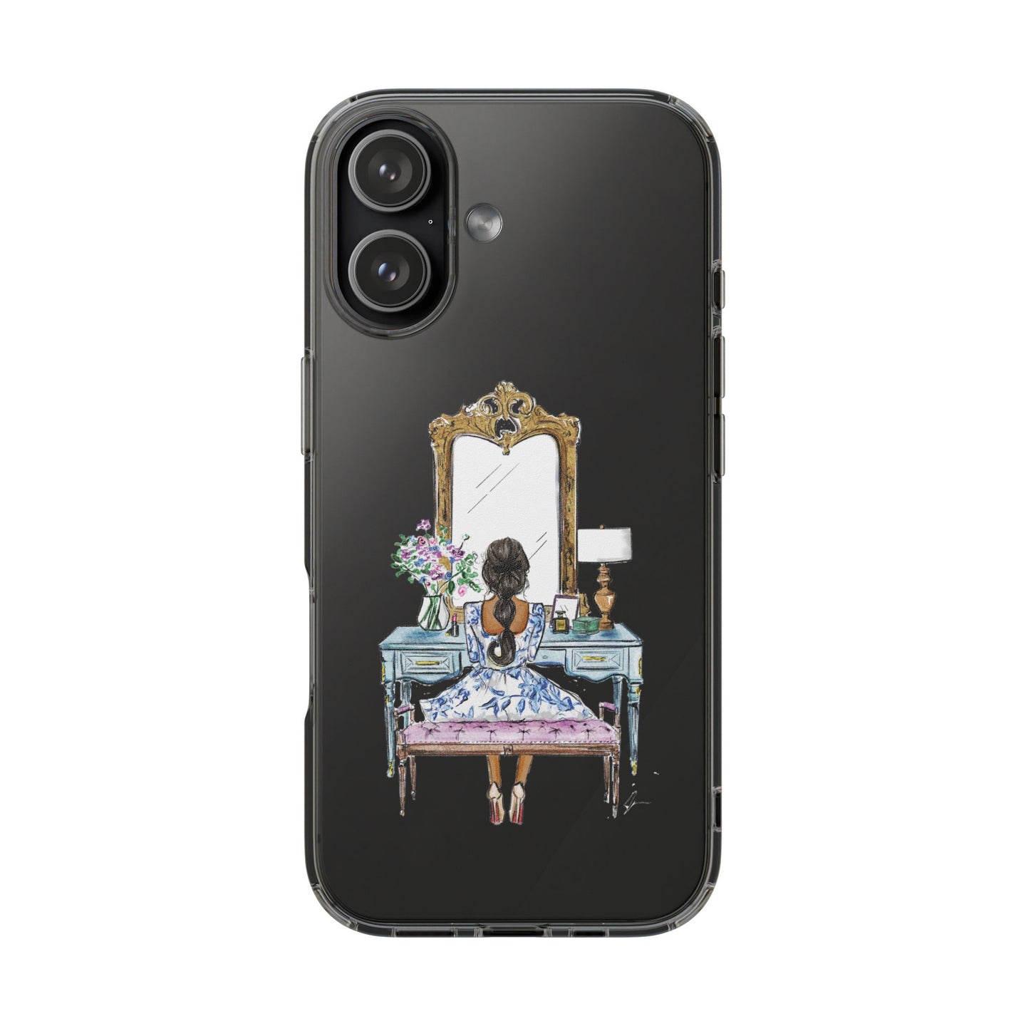 French Vanity Clear Impact-Resistant Phone Case - (Dark Hair/Brown Skin)